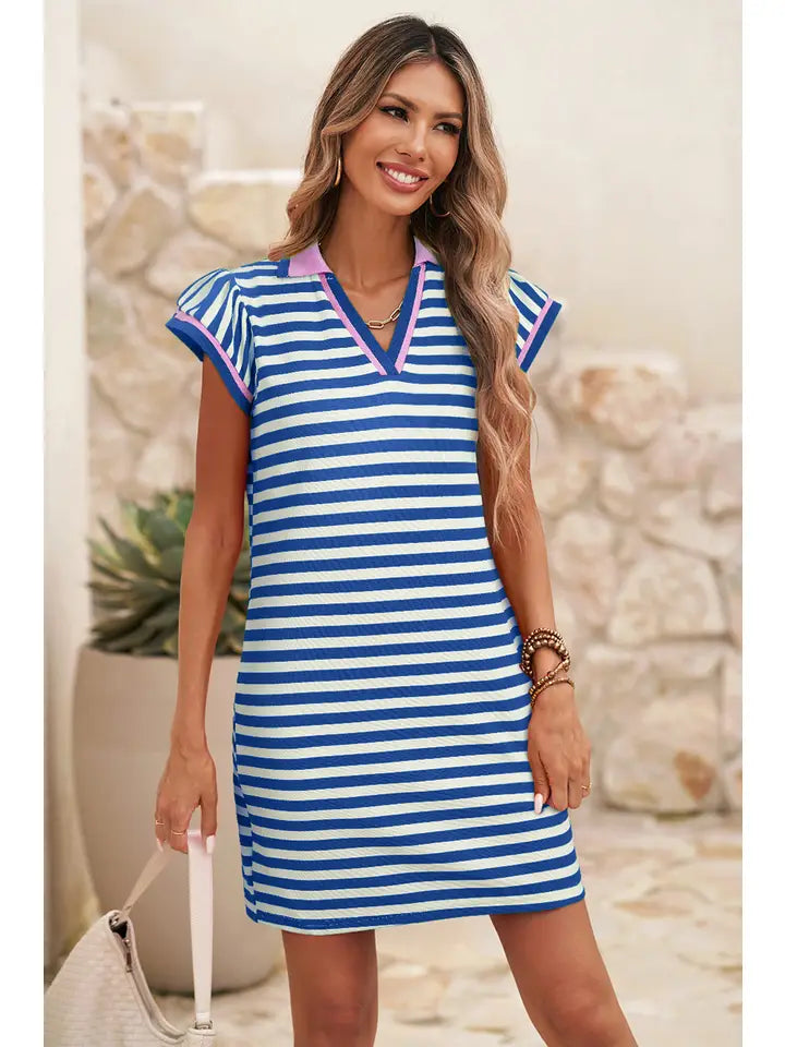 Stripe Print Contrast Collar Split Neck Short Dress