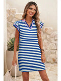 Stripe Print Contrast Collar Split Neck Short Dress