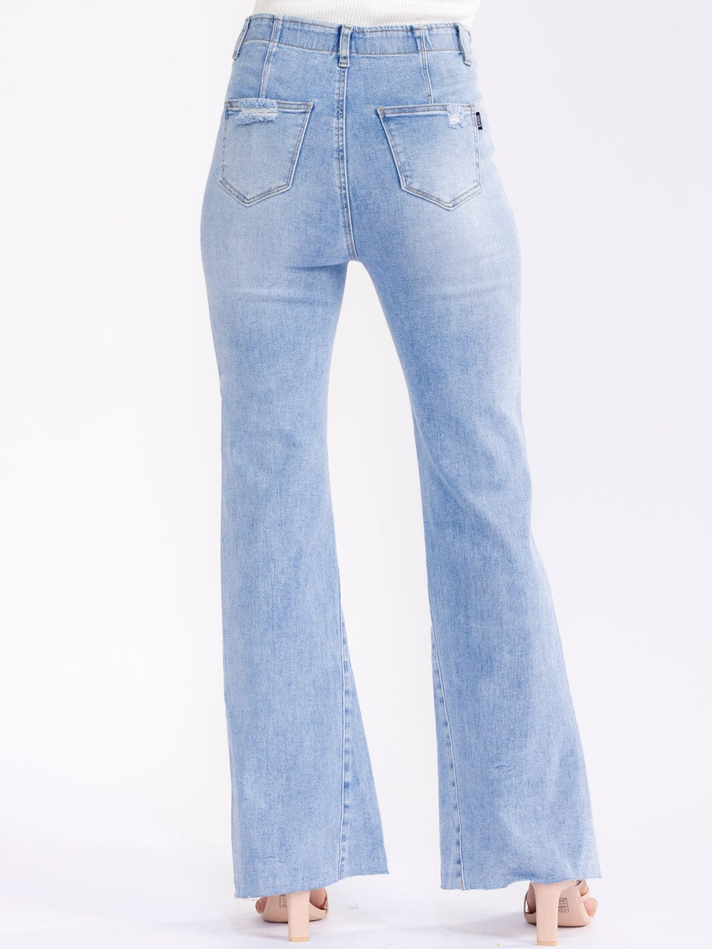 WOMEN'S BUTTON CLOSURE ELASTIC WAIST POCKETS BELL LEG STRETCH DENIM PANTS