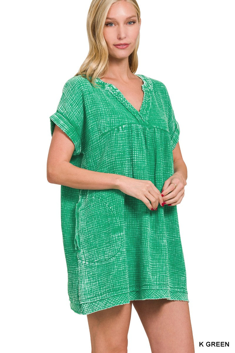 Zenana Washed Double Gauze Raw Edge V-neck Dress