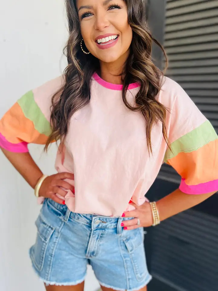 Pink Color Block Stitching Sleeve Round Neck Oversize Top