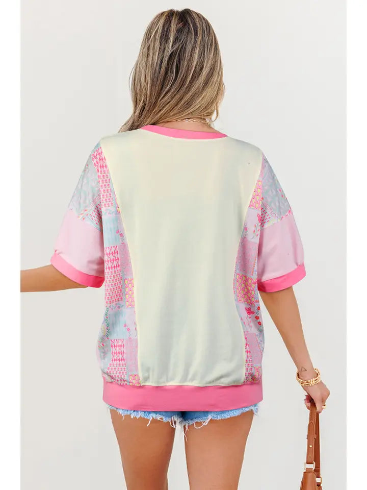 Floral Patchwork Round Neck Short Sleeve T-Shirts Full Size
