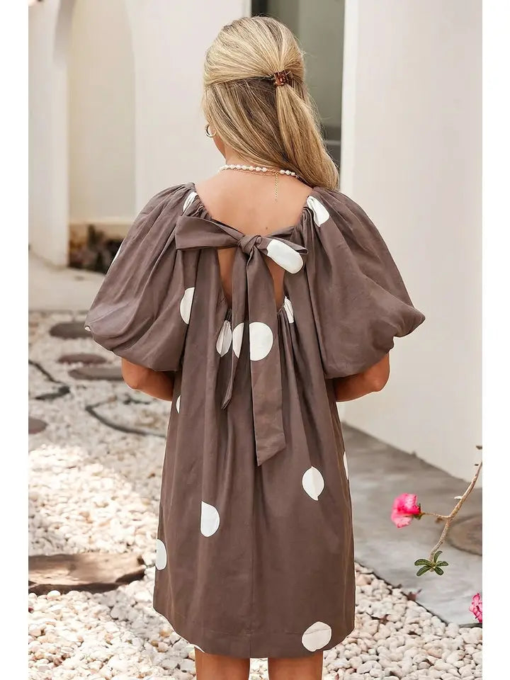Polka Dot Knot Back Short Puff Sleeve Loose Mini Dress