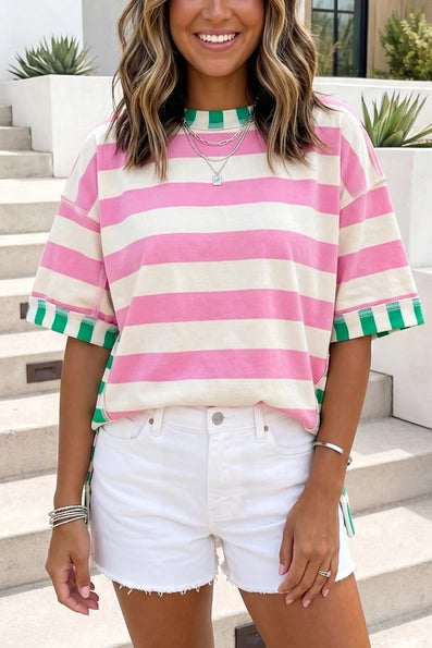 Striped Exposed Seam Contrast Patchwork Oversized Top