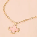 Abalone Cross Pendant Paperclip Chain Necklace - Pink