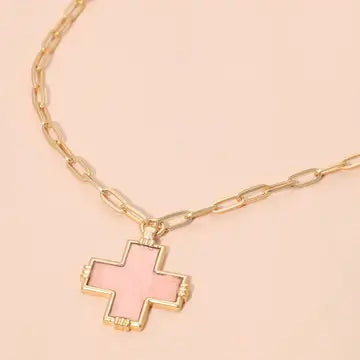 Abalone Cross Pendant Paperclip Chain Necklace - Pink
