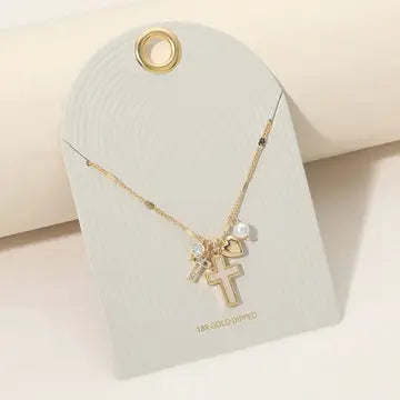 18K Gold Dipped Mother of Pearl Cross Pearl Heart Charm Necklace