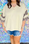Plus Size - Apricot V Neck Exposed Seam Leopard Color Block Patchwork Half Sleeve Top