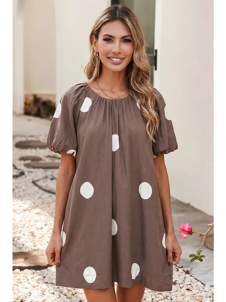 Polka Dot Knot Back Short Puff Sleeve Loose Mini Dress