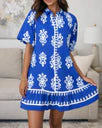 Blue Ethnic Geometric Print Collared Button Front Short Puff Sleeve Mini Dress