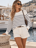 Women's long sleeve colorblock striped pullover sweater - Cream/Navy