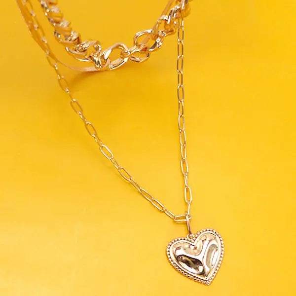 Multi Layer Cuban Herringbone Heart Charm Necklace