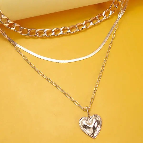 Multi Layer Cuban Herringbone Heart Charm Necklace