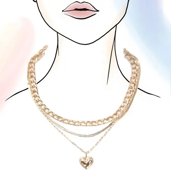 Multi Layer Cuban Herringbone Heart Charm Necklace