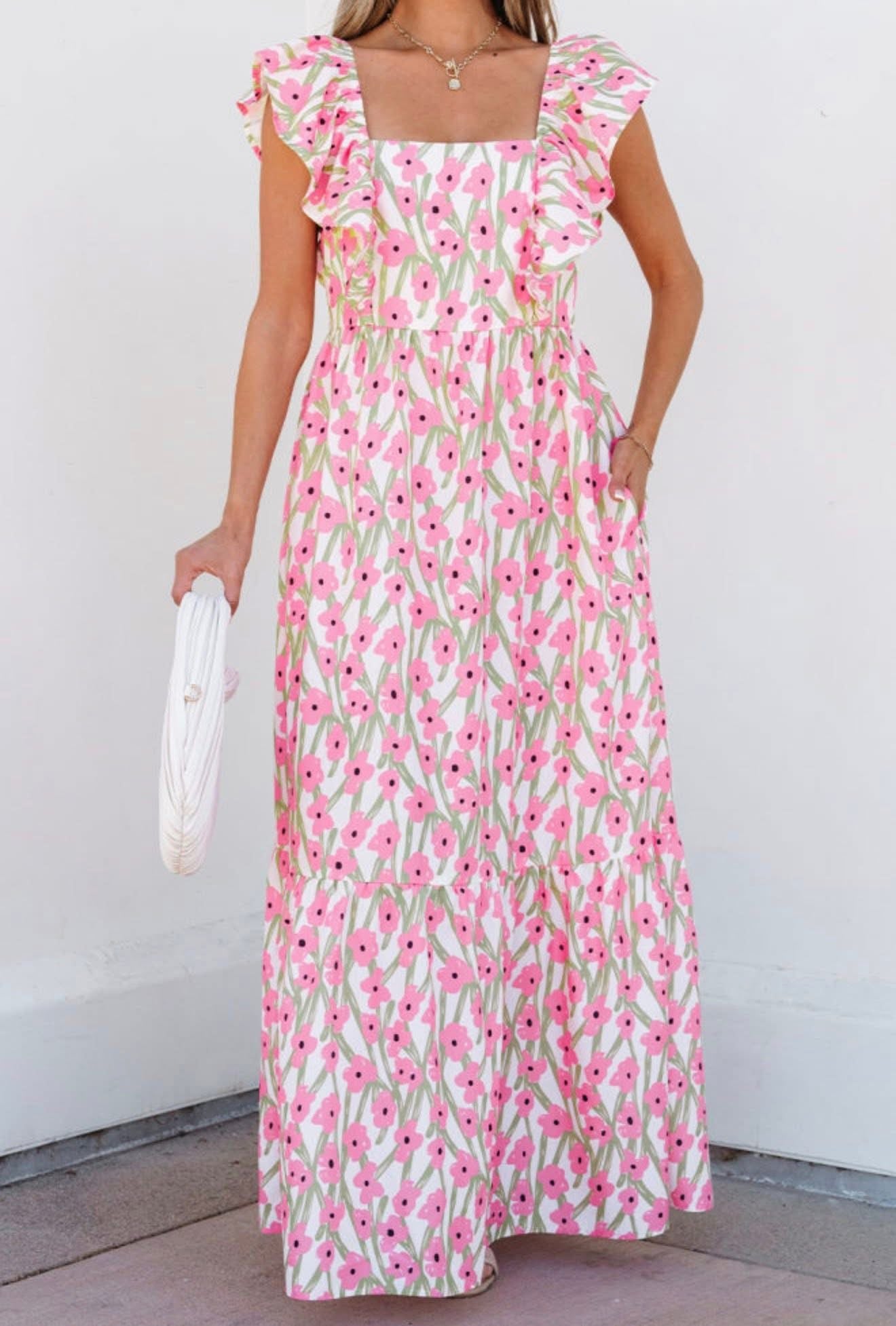 Pink Floral Print Square Neck Ruffled Strap Maxi Dress