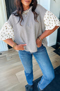 Black Stripe Floral Puff Sleeve Patchwork Round Neck Loose Top