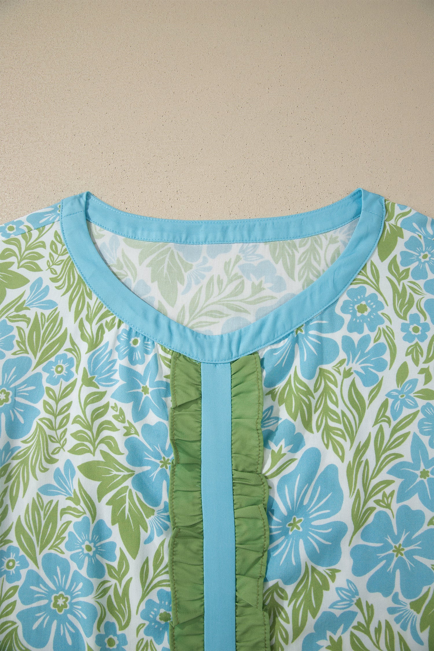 Sky Blue Plus Size Floral Print Frilled Color Block Trim Short Sleeve Blouse