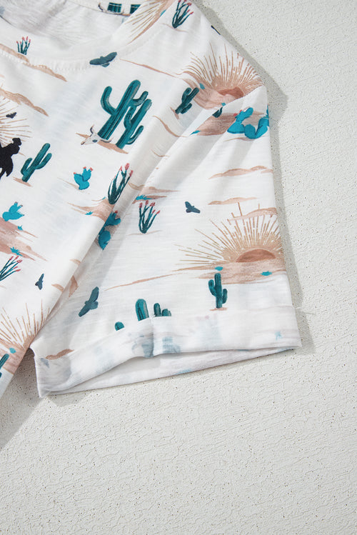 Beige Western Cactus Print Crew Neck Short Sleeve Top