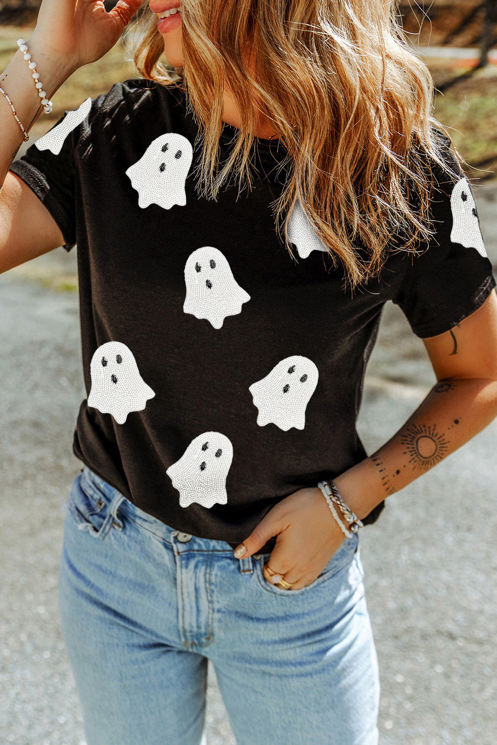 Black Sequin Halloween Ghost Patched Casual T Shirt