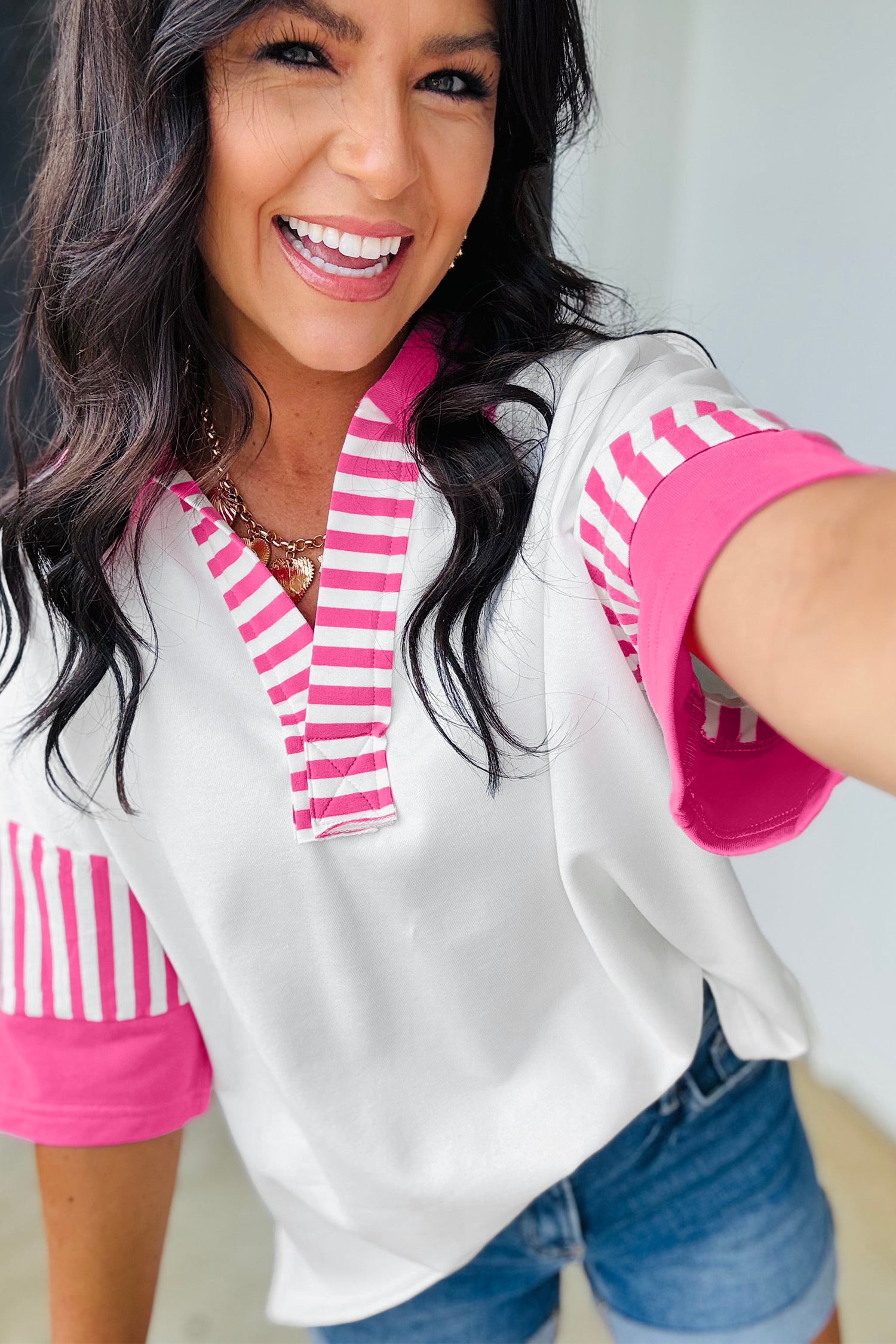 White Striped Color Block Patchwork Polo Collar Half Sleeve T Shirt
