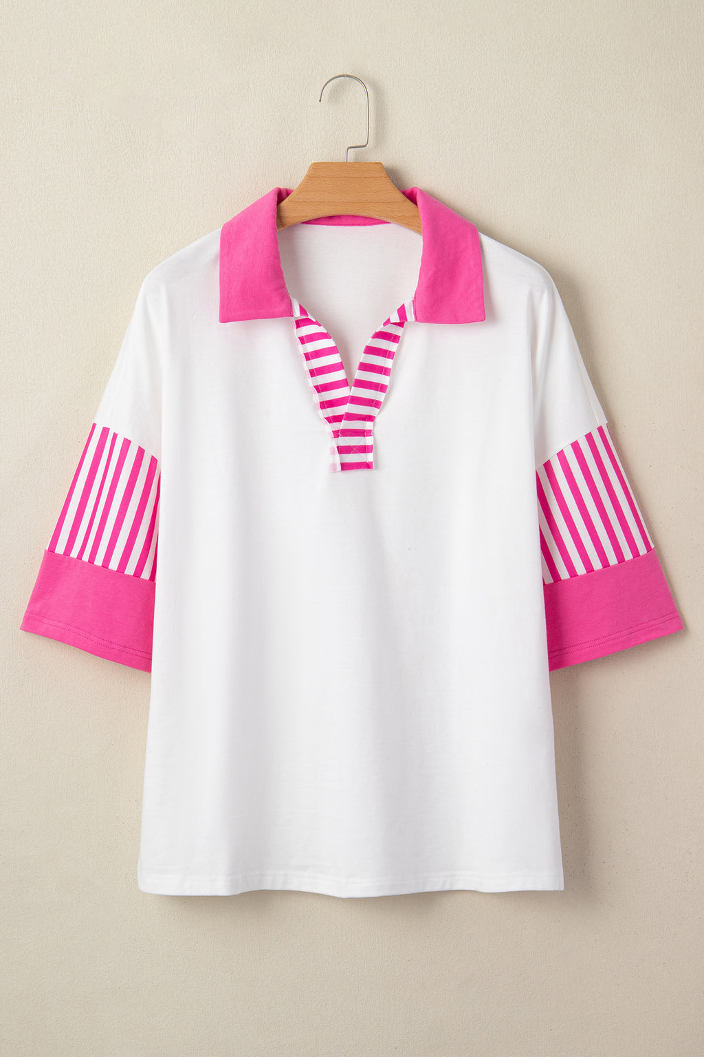 White Striped Color Block Patchwork Polo Collar Half Sleeve T Shirt