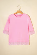 Pink Eyelash Floral Lace Patchwork Half Sleeve Oversize Tee