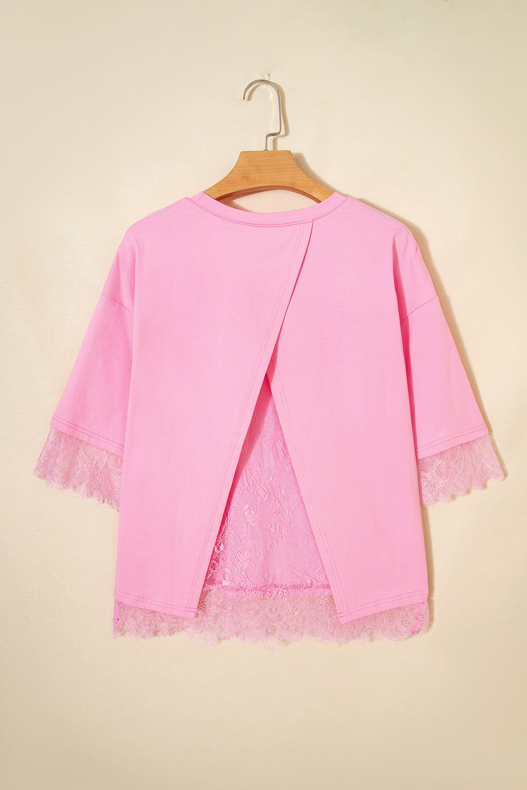 Pink Eyelash Floral Lace Patchwork Half Sleeve Oversize Tee