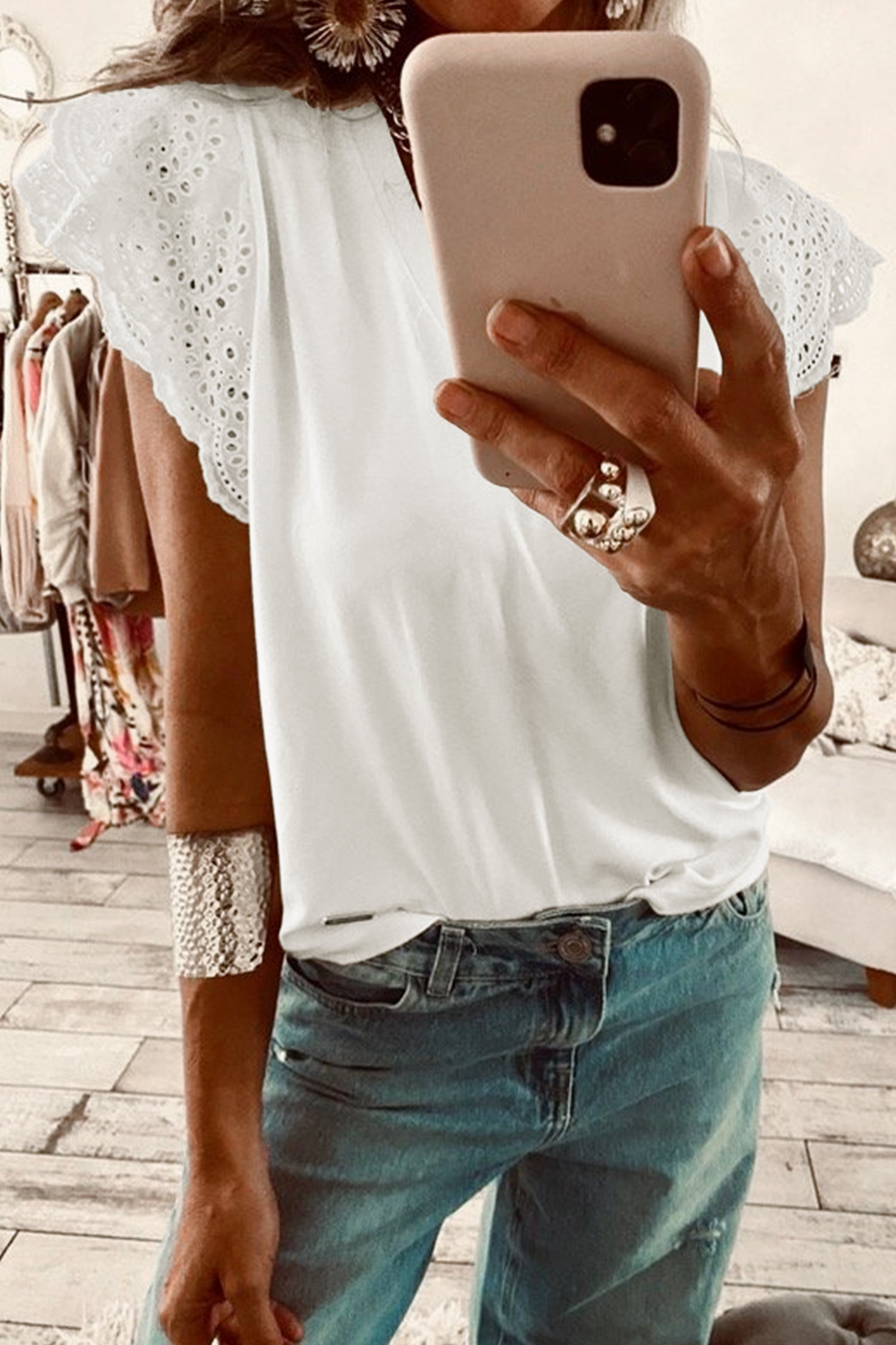 White Eyelet Crochet Splicing Short Sleeve Plus Size Tee