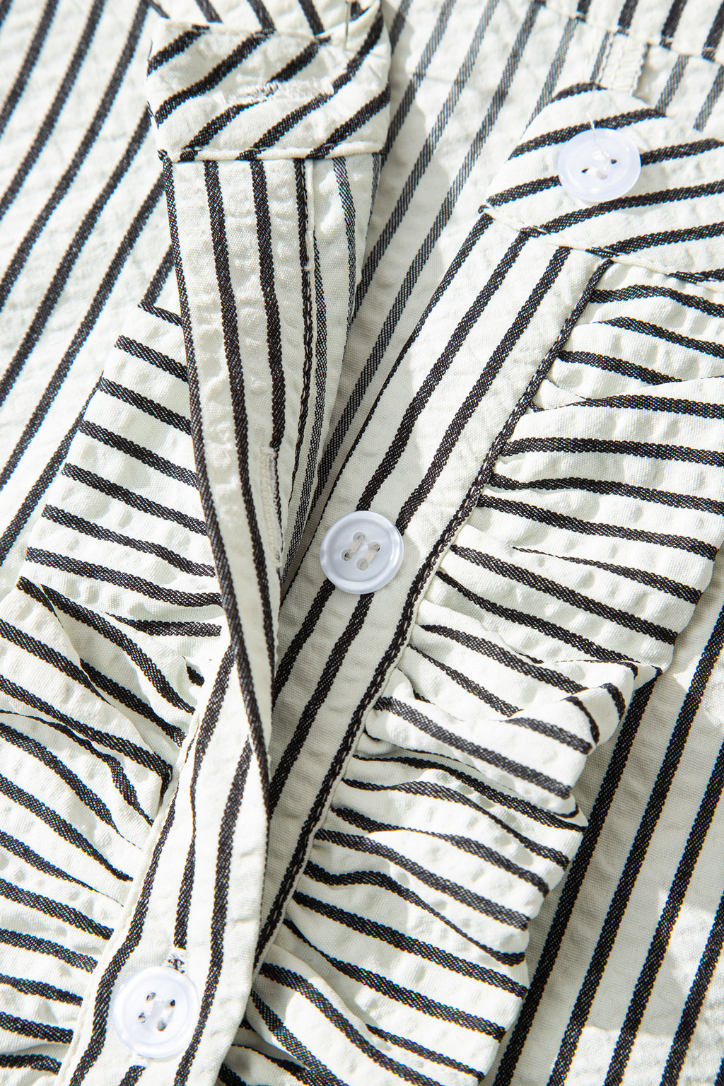 Black Stripe Frilled Detail Half Buttons Short Sleeve Long Dress