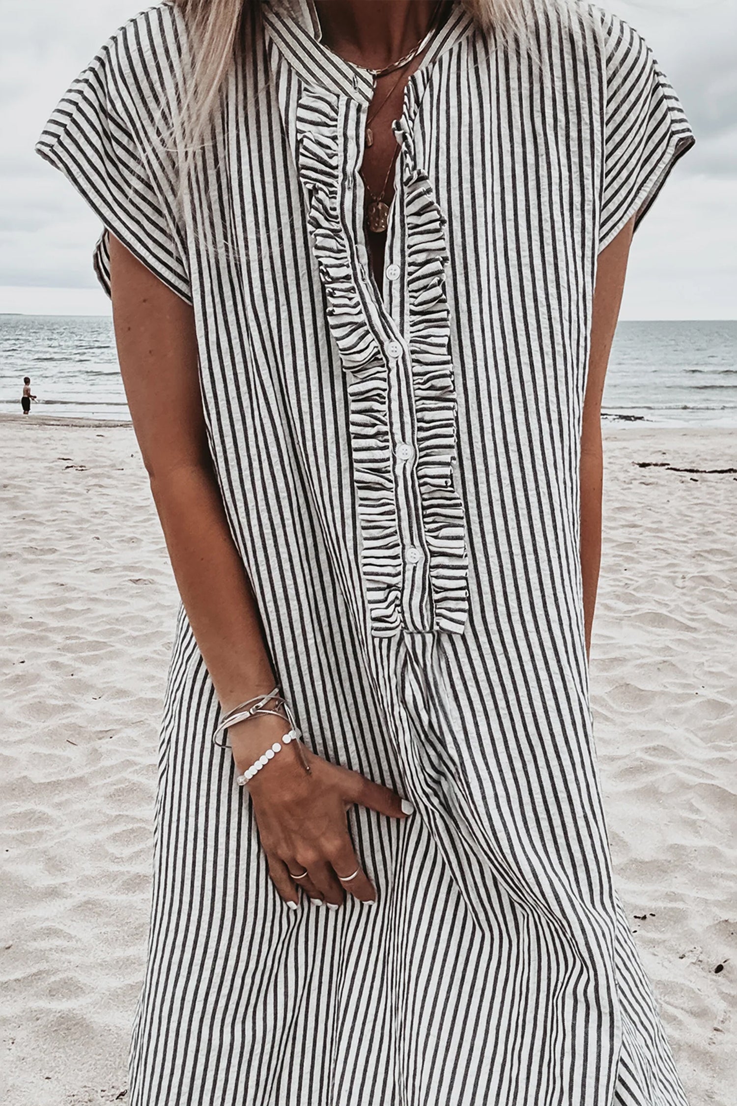 Black Stripe Frilled Detail Half Buttons Short Sleeve Long Dress