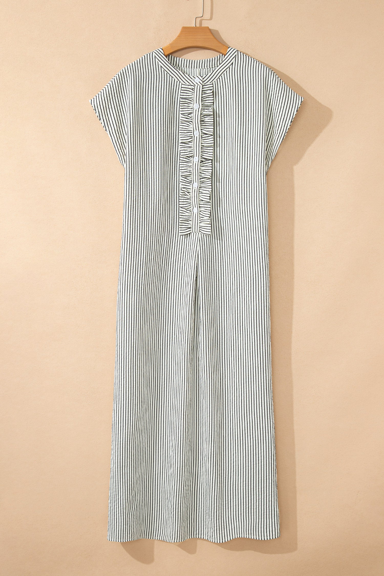 Black Stripe Frilled Detail Half Buttons Short Sleeve Long Dress