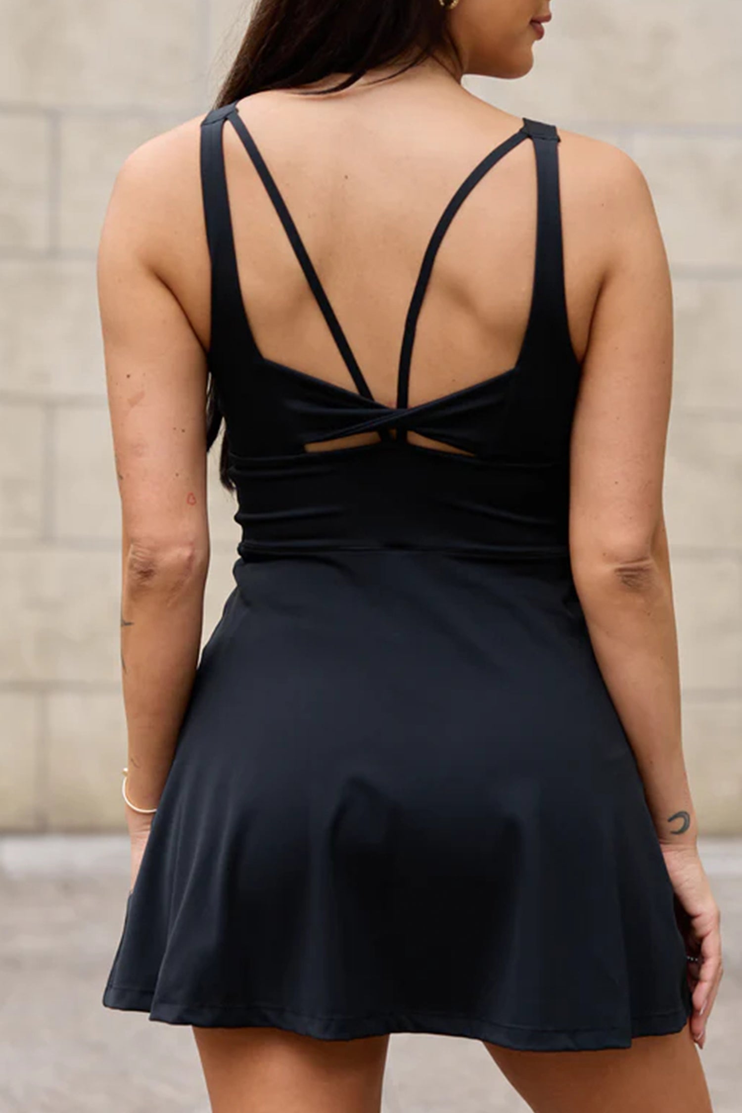 Black Twisted Strappy Back Active Mini Dress with Shorts
