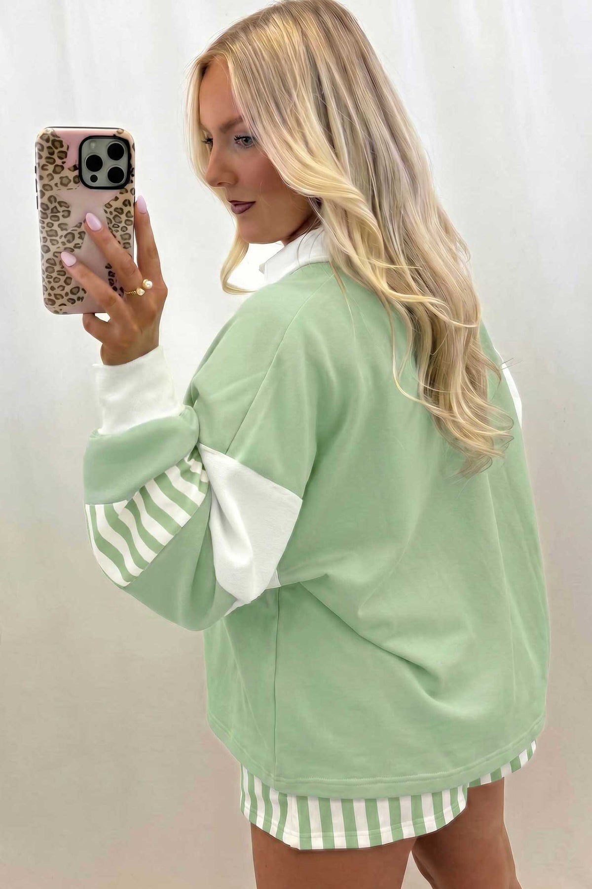 Green Striped Color Block Pullover Top Drawstring Shorts Set