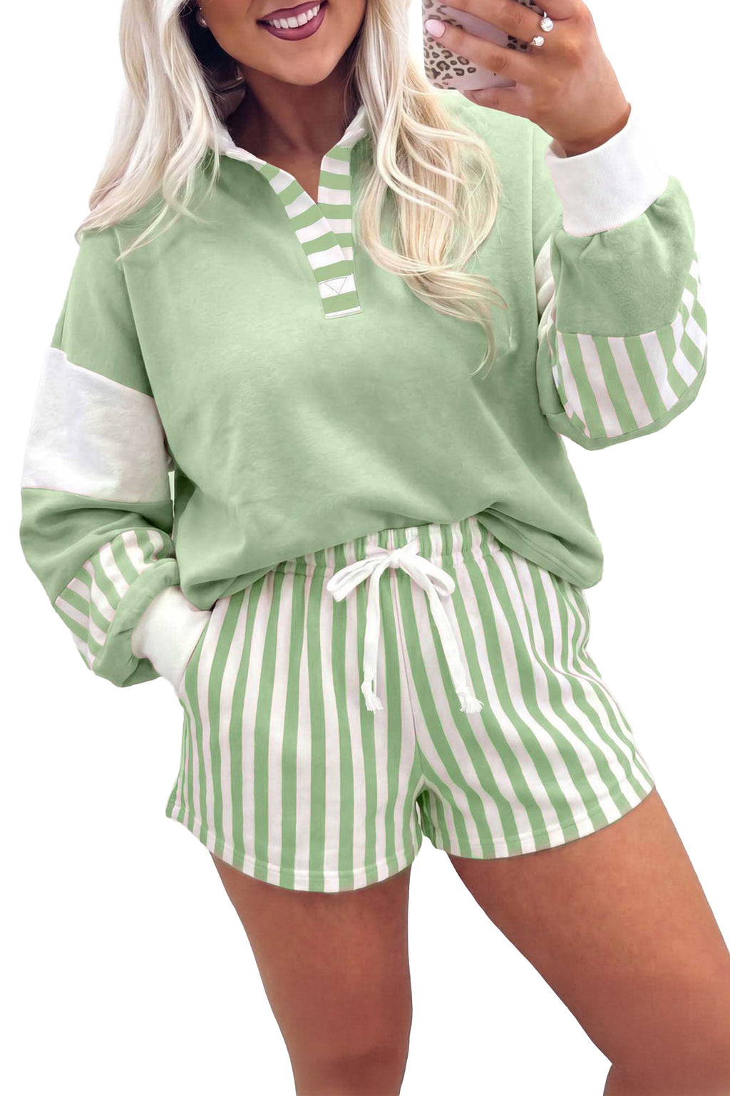 Green Striped Color Block Pullover Top Drawstring Shorts Set