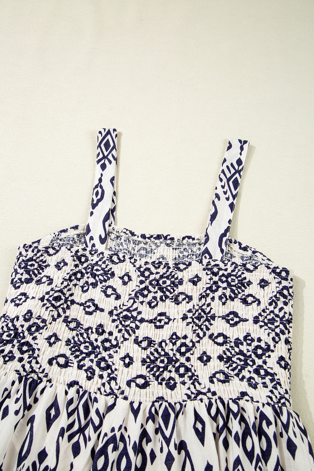 Blue Boho Geometric Print Shirred High Waist Wide Leg Jumpsuit