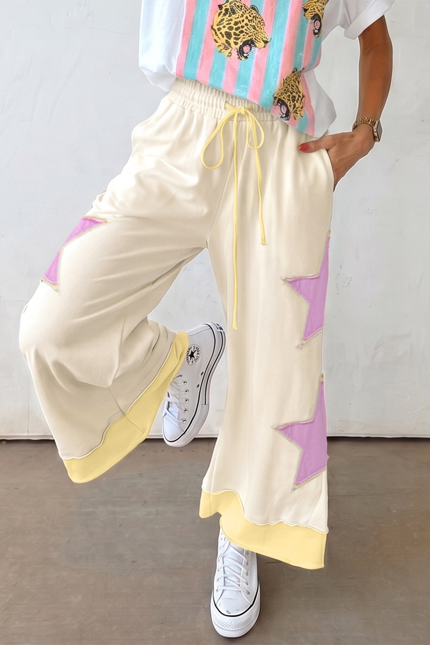 White Summer Color-Blocked Star Patchwork Pants