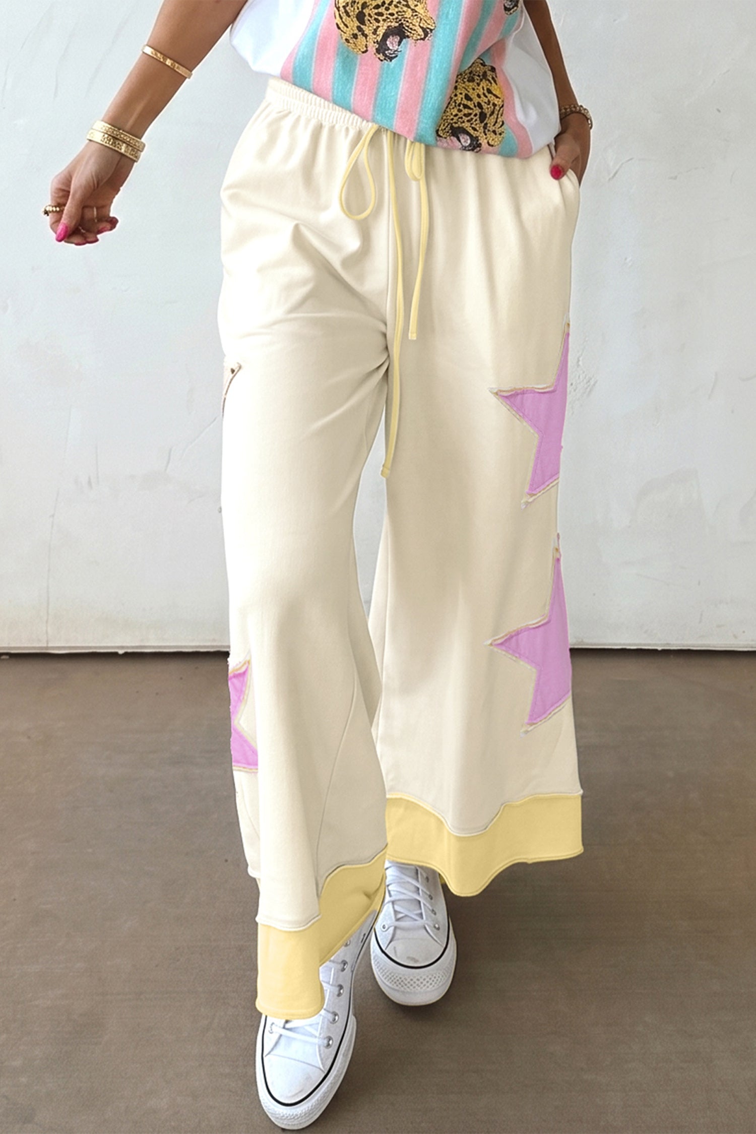 White Summer Color-Blocked Star Patchwork Pants