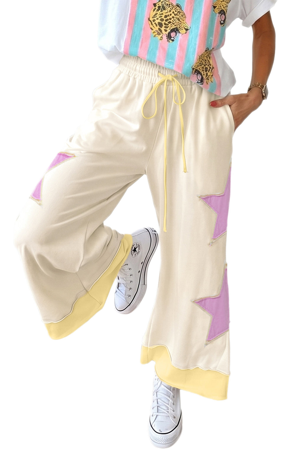 White Summer Color-Blocked Star Patchwork Pants