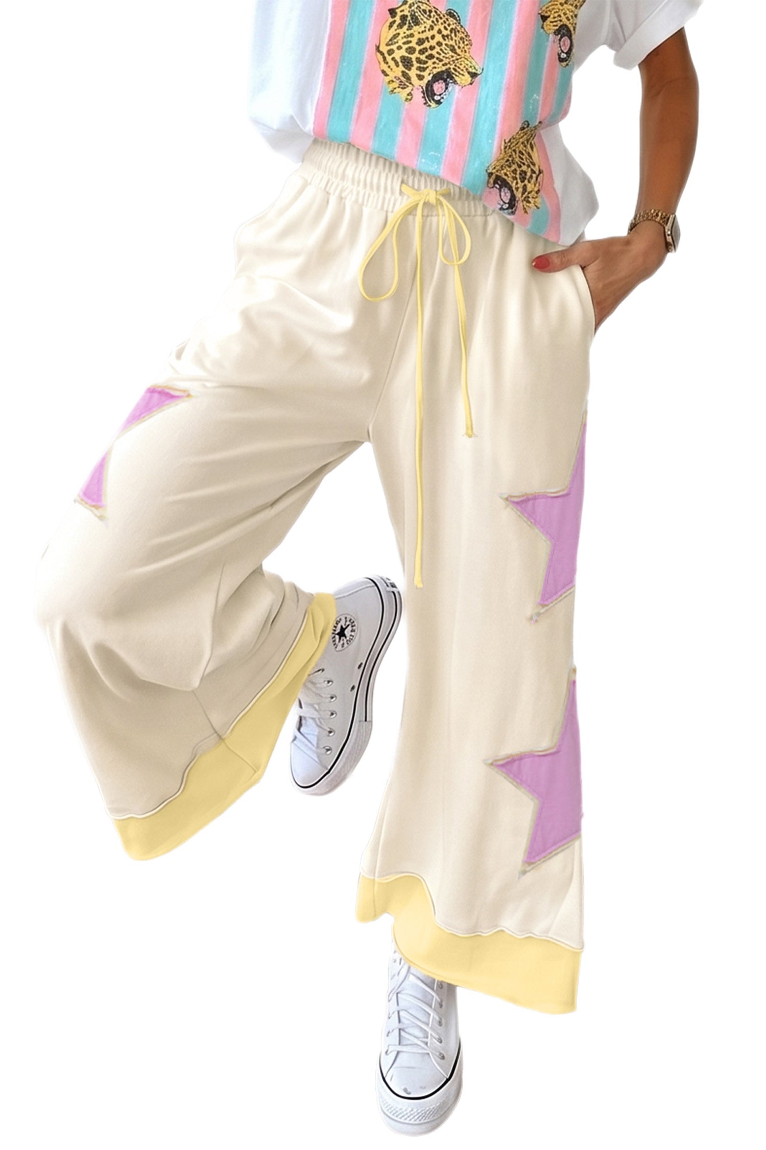 White Summer Color-Blocked Star Patchwork Pants