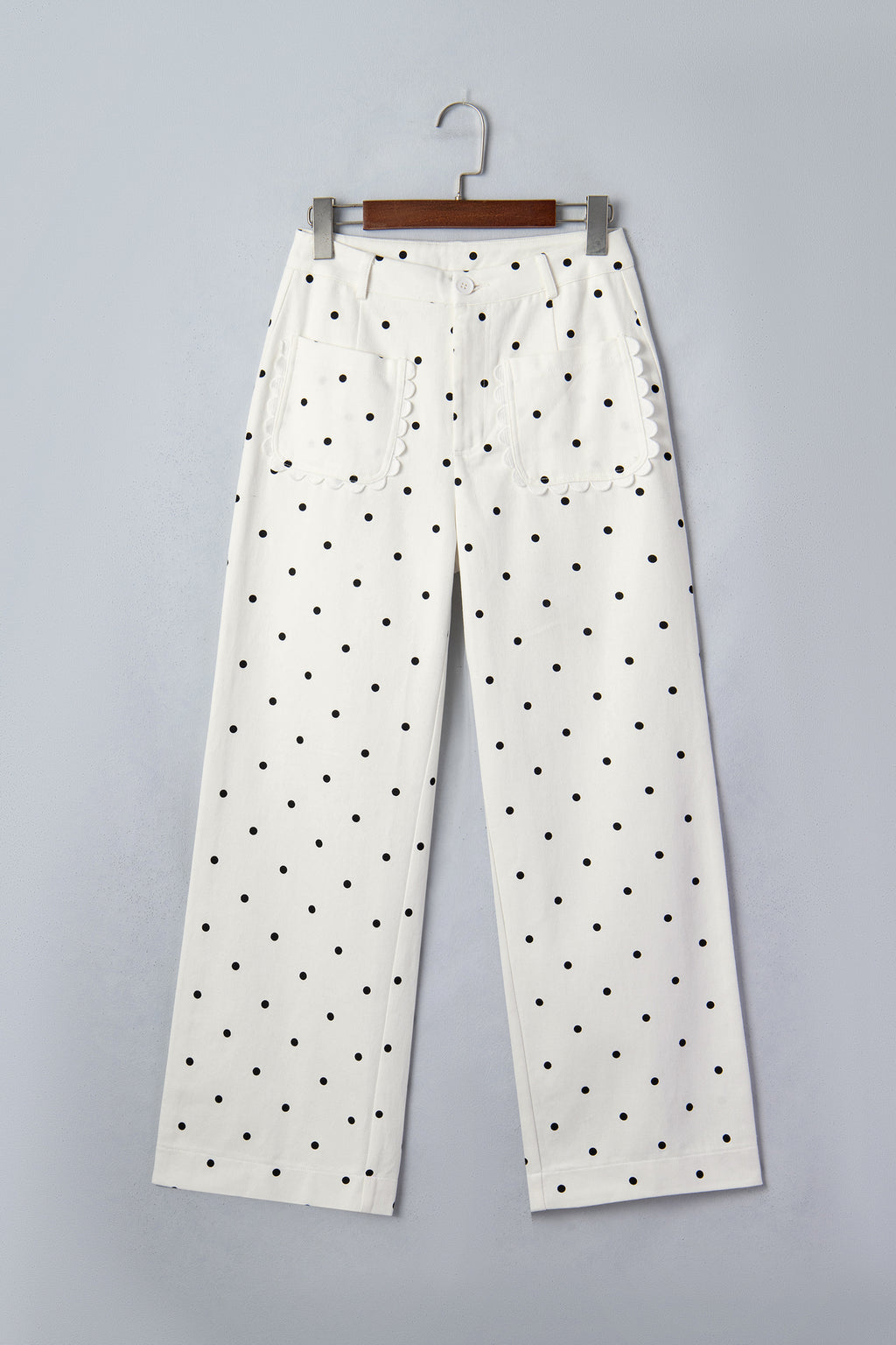 White Polka Dot Print Scalloped Patch Pocket Cotton Shift Pants