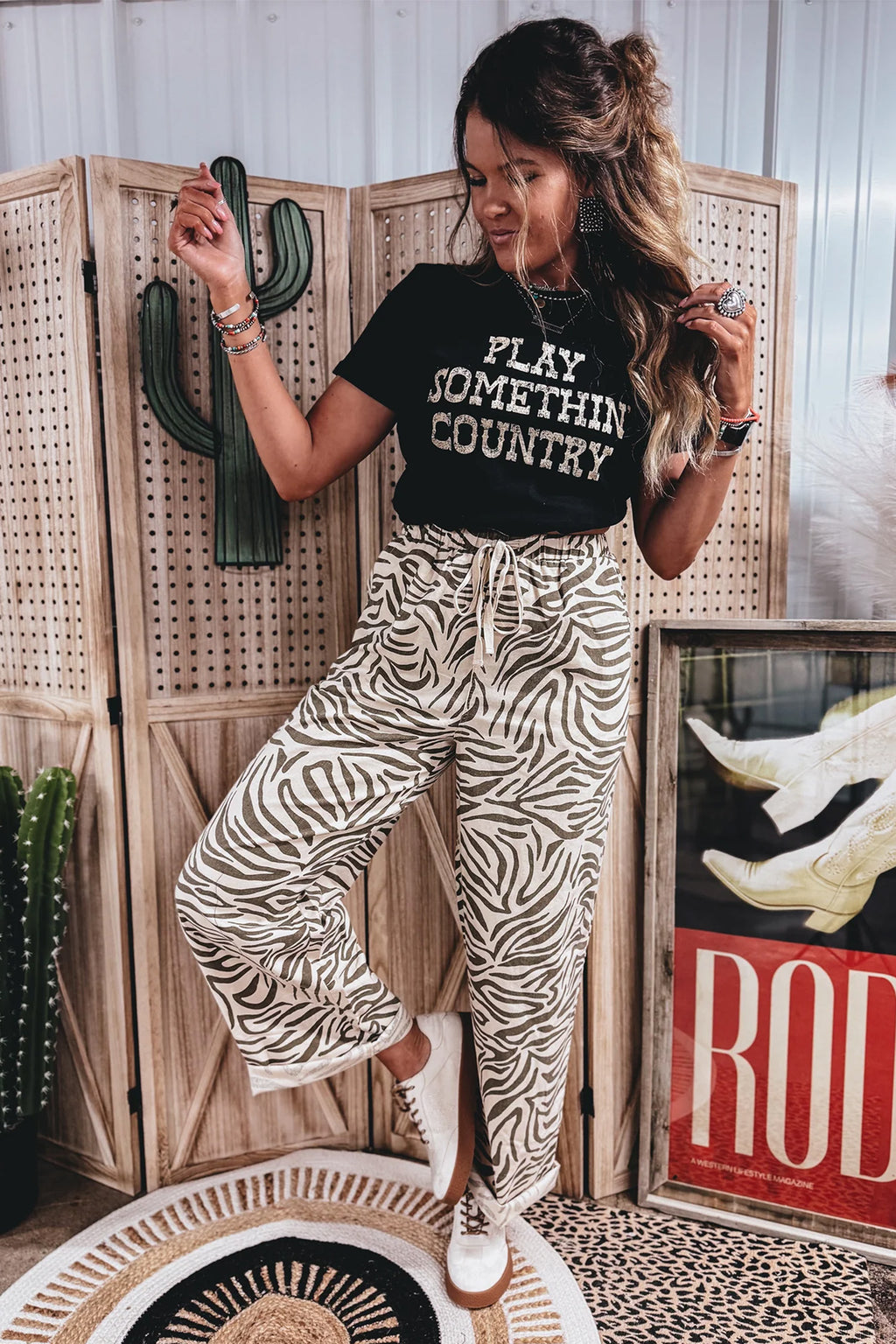 Western Print Zebra Pattern Elastic Waist Pocket Full-Length Pants