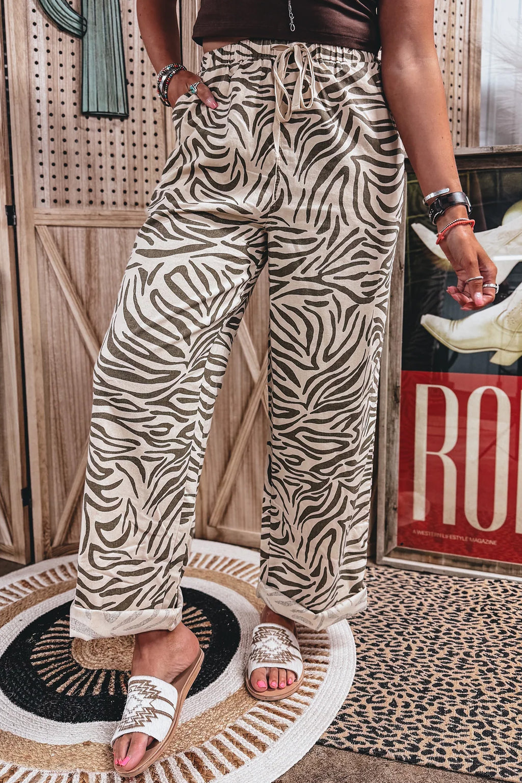 Western Print Zebra Pattern Elastic Waist Pocket Full-Length Pants