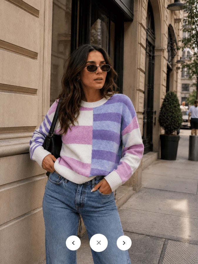 WOMEN'S LONG SLEEVE COLORBLOCK STRIPES PULLOVER SWEATER