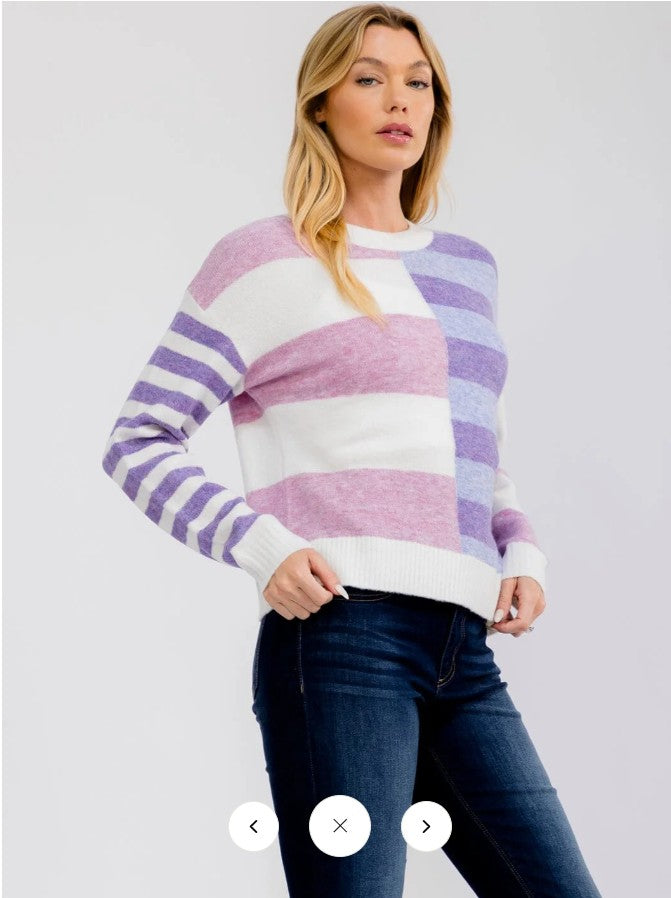WOMEN'S LONG SLEEVE COLORBLOCK STRIPES PULLOVER SWEATER