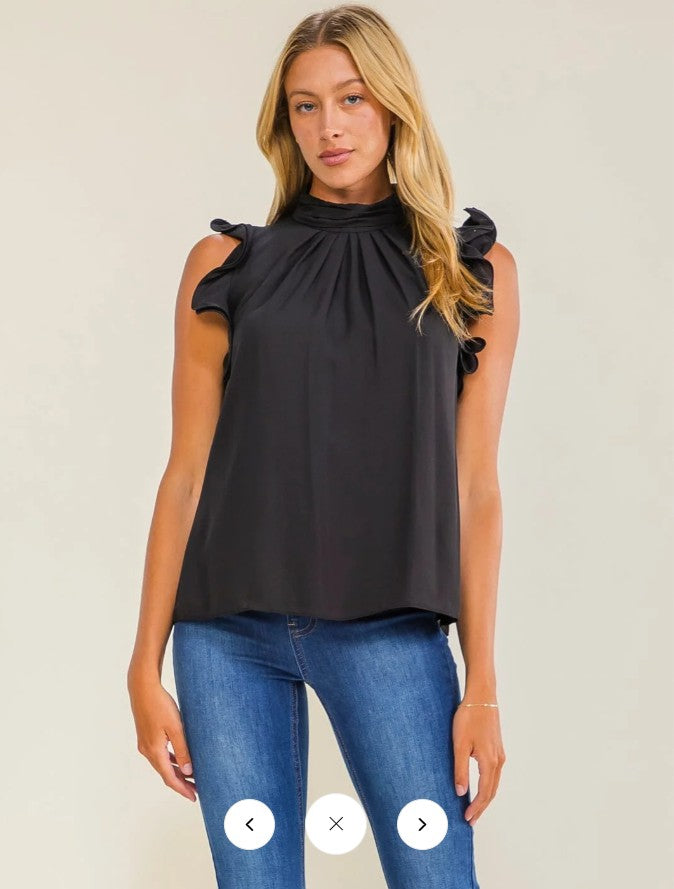 WOMEN'S RUFFLE SLEEVELESS MOCK NECK BLOUSE