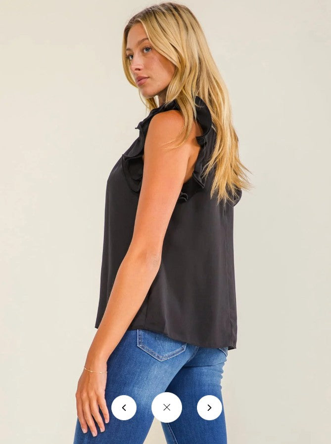 WOMEN'S RUFFLE SLEEVELESS MOCK NECK BLOUSE