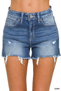 Zenana Raw Frayed Hem Cutoff Side Slit Denim Shorts