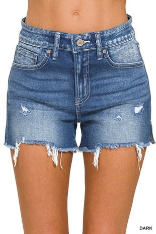 Zenana Raw Frayed Hem Cutoff Side Slit Denim Shorts