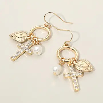 Cross Heart Pearl Charm Drop Dangle Earrings