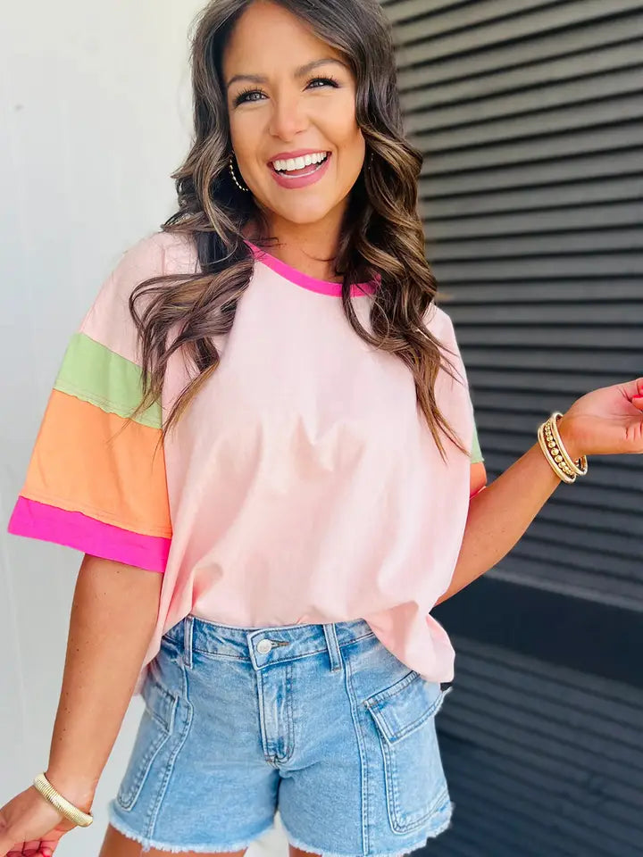 Pink Color Block Stitching Sleeve Round Neck Oversize Top